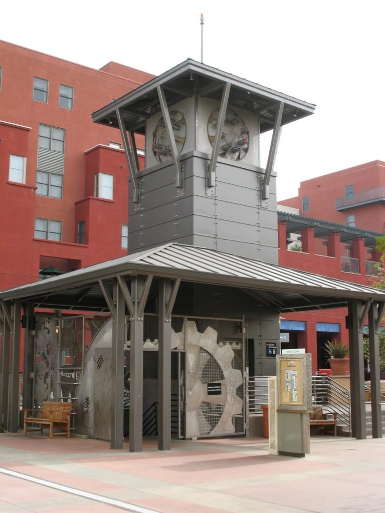 Gray tower at Del Mar Gold Line station