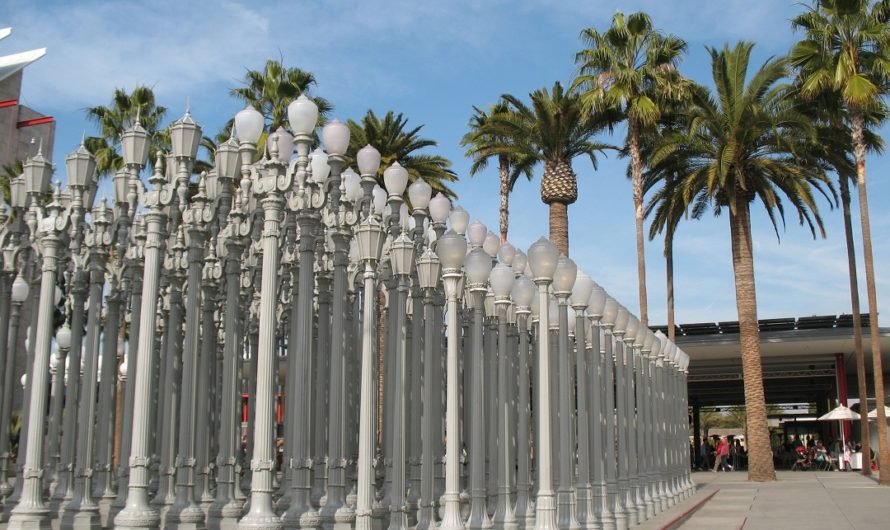 See a drone’s eye view of Metropolis II and the Urban Light forest at LACMA