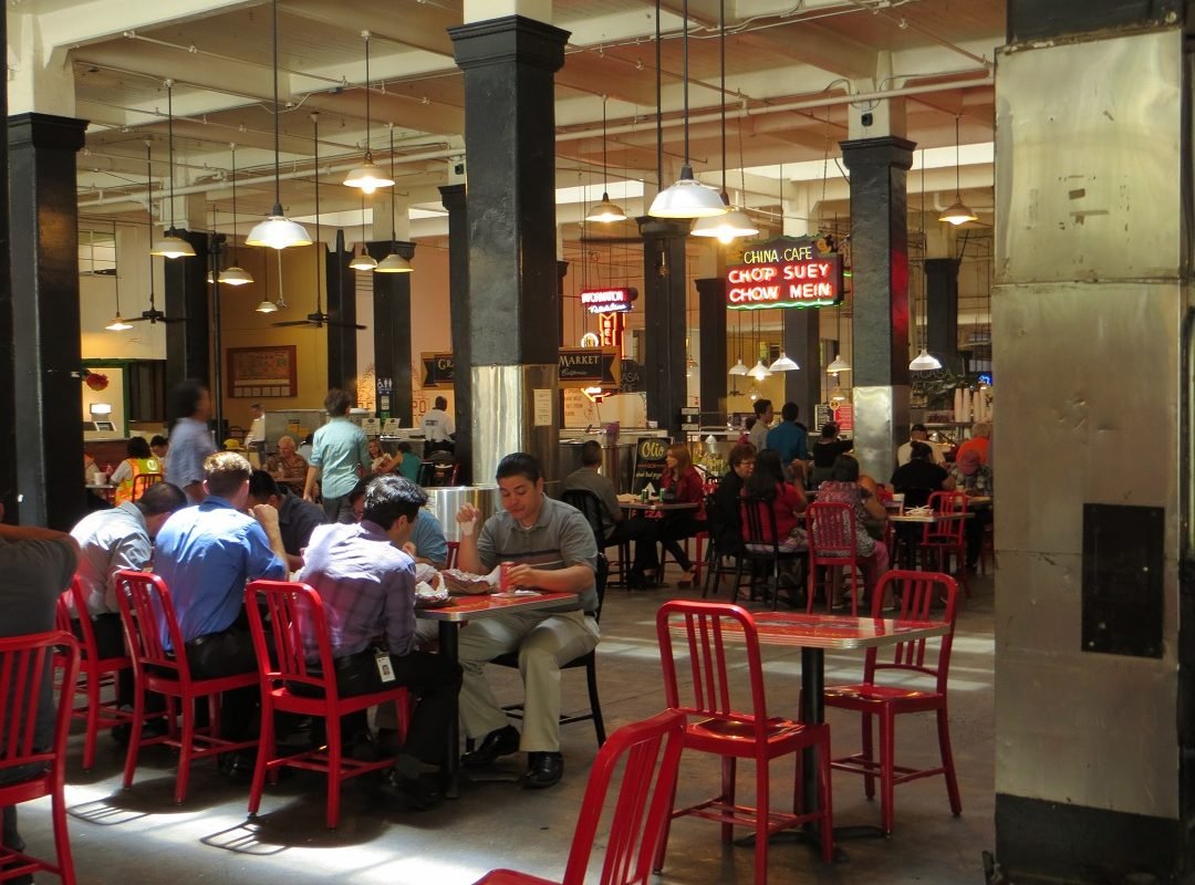 people eationg l;unch Grand Central Market LA