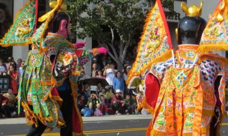 huge Chinese figures in Chinatown New Year's parade 2015