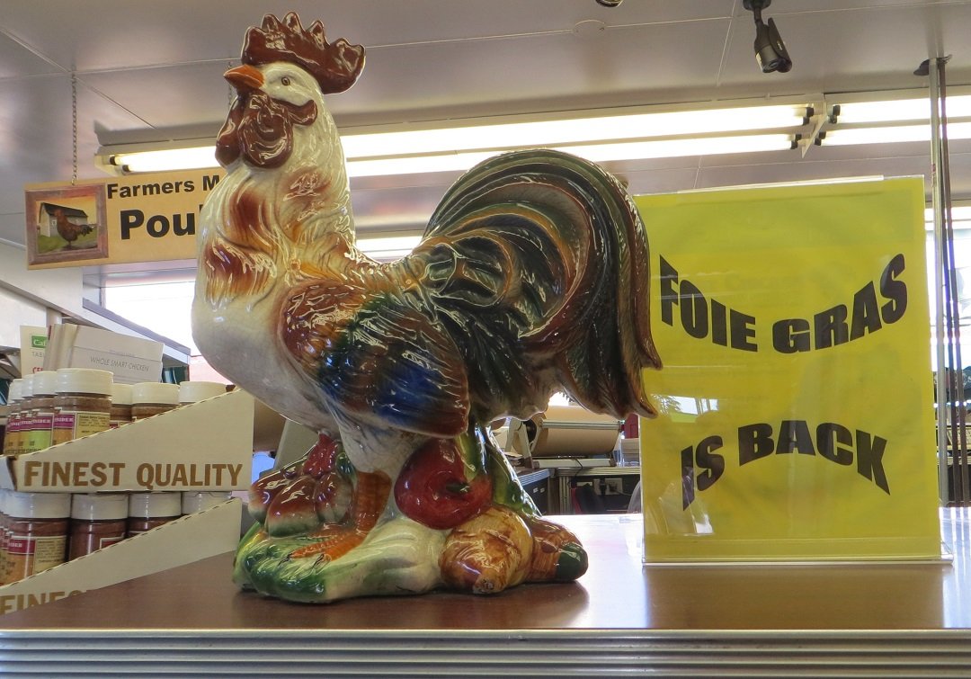 Foie Gras sign Ceramic rooster Farmers Market Los Angeles