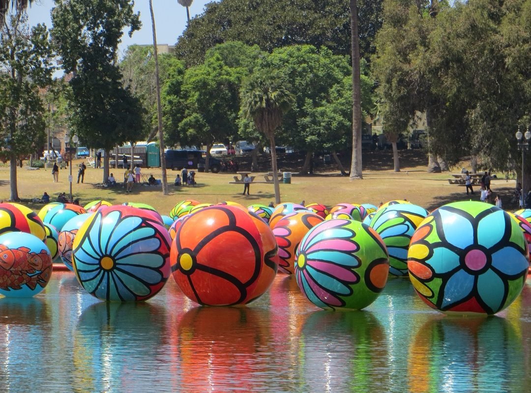floating art balls McArthur Park lake 2015