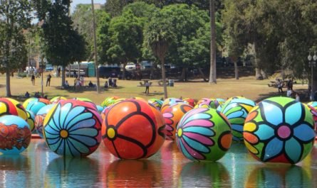 floating art balls McArthur Park lake 2015