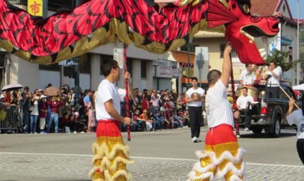 Red Chinese dragon with l;ion dancers