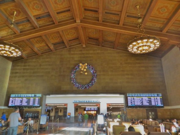 Festive decorations and Santa at Union Station in downtown Los Angeles