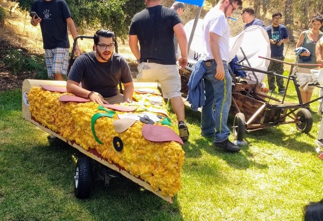 Funny soap box racers tear down a hilly street in Elysian Park