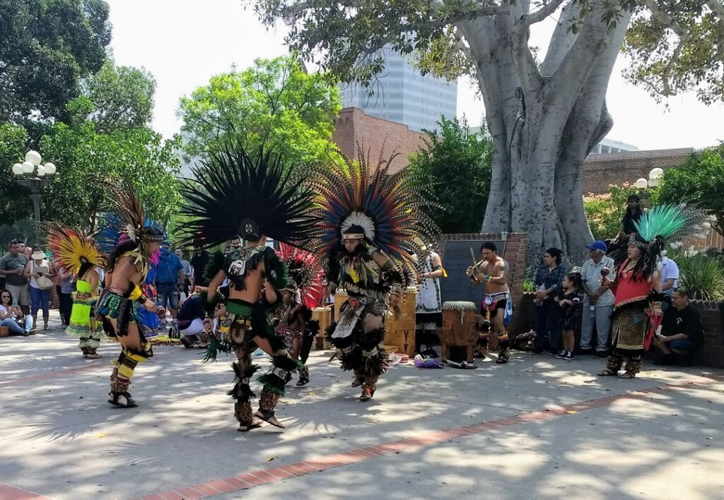 native American dancers in Olvera street plaza