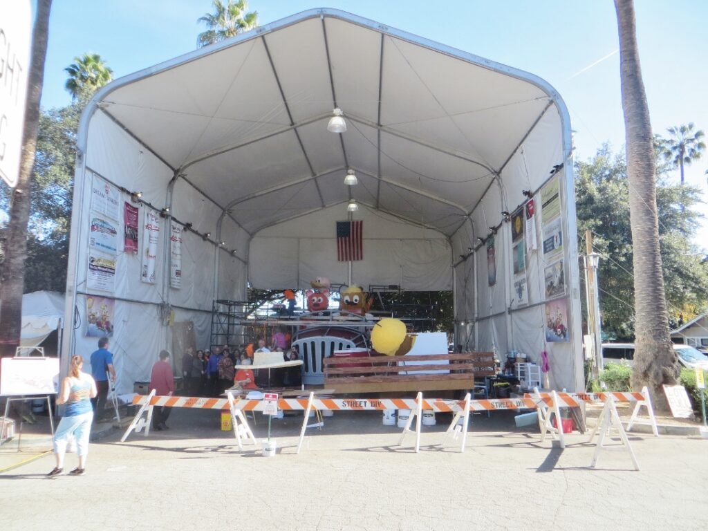 tent for South Pasadena Rose Parade float