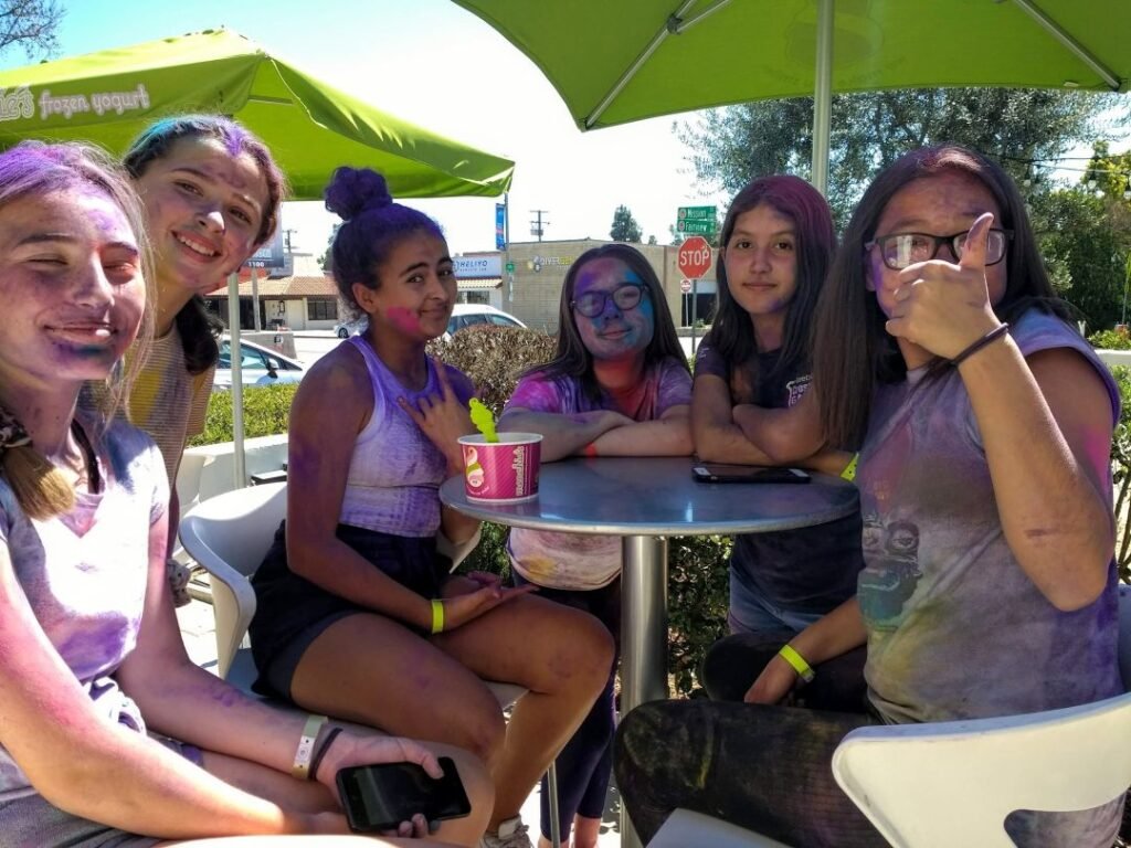 teenage girls after Holi festival in south Pasadena